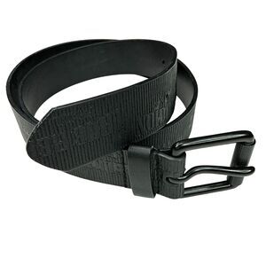 True Religion Mens Belt Size 38 Vegan Leather Allover Embossed Logo Black Modern